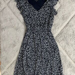 Everlily Navy Blue Floral Flutter Sleeve Dress